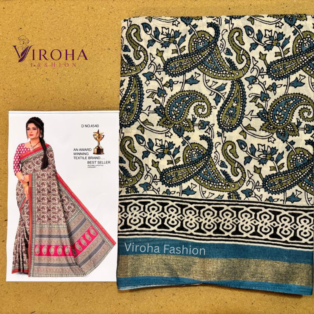 Printed Handloom Pure Cotton Saree (Blue)