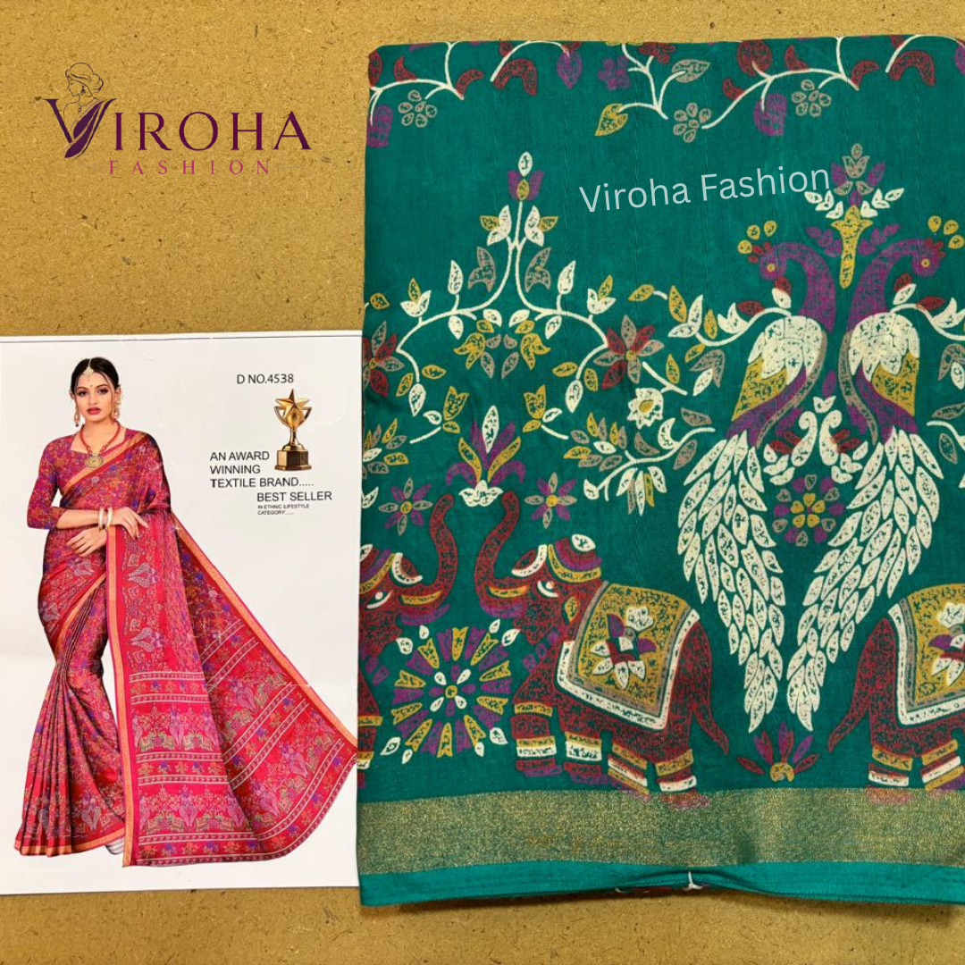 Printed Handloom Pure Cotton Saree (Teal Green)