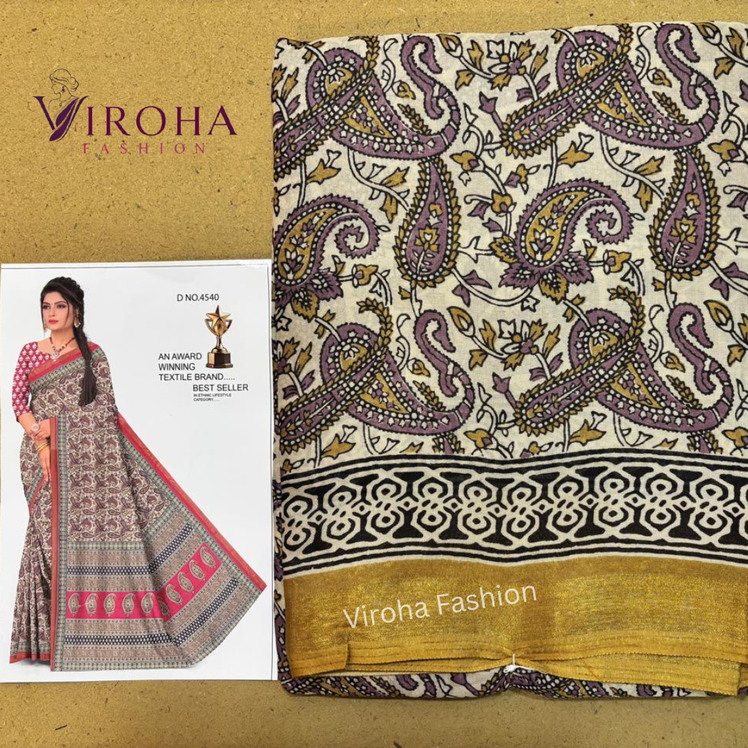 Printed Handloom Pure Cotton Saree (Yellow)