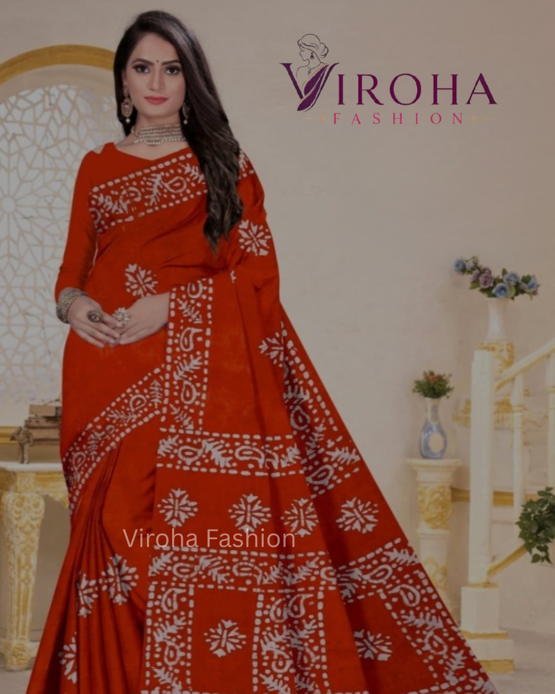 Digital Print Handloom Cotton Linen Saree(Orange)