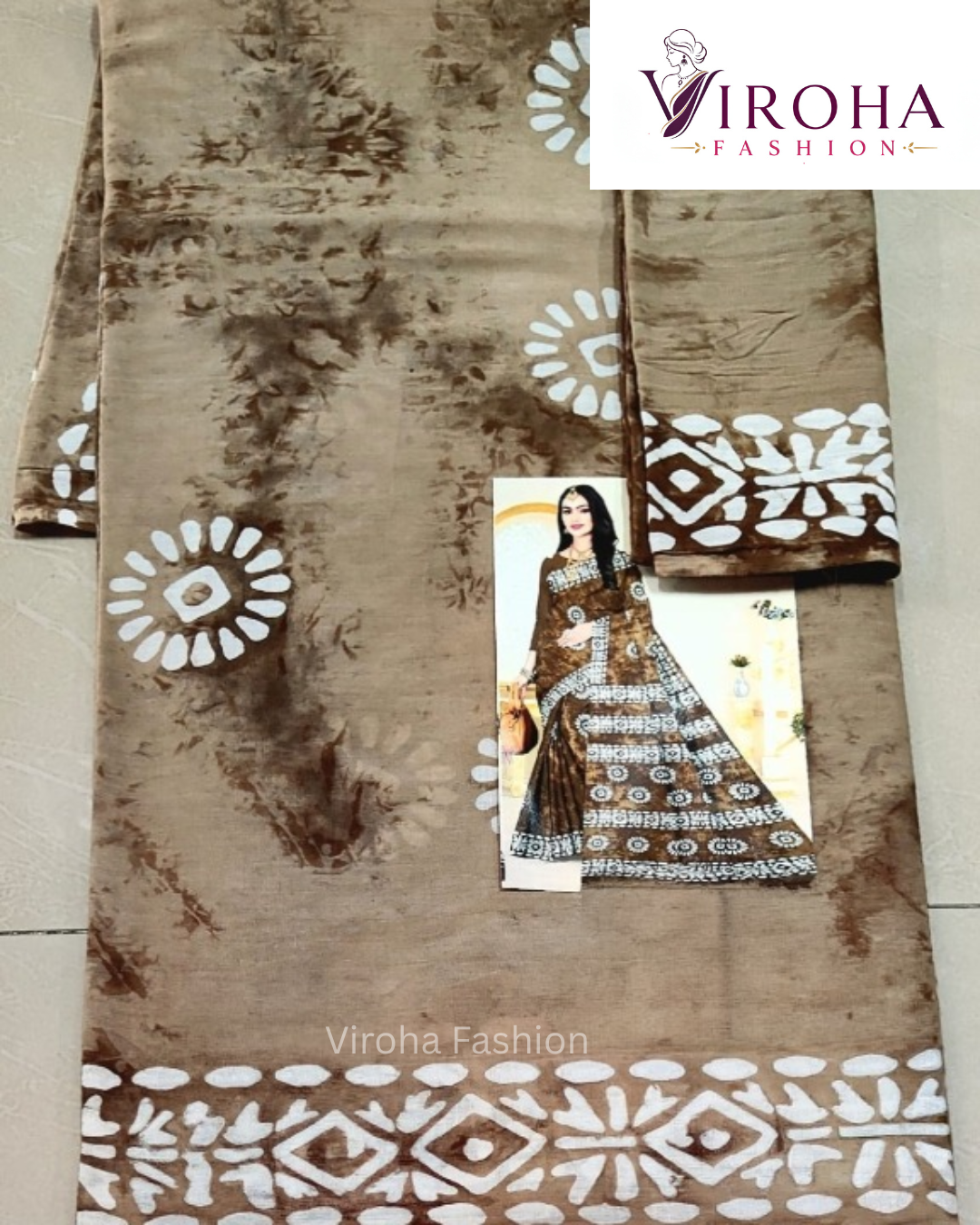 Digital Print Handloom Cotton Linen Saree(Brown)